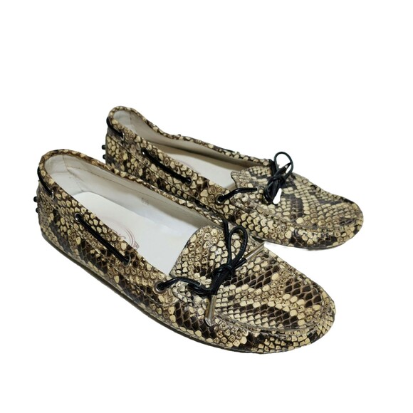 Tod's Shoes - Tod's Womens Snakeskin Loafers Size 8.5 Brown Beige Bow Accent Driving Shoes
